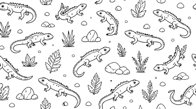 Detailed black and white lizard and plant illustrations.