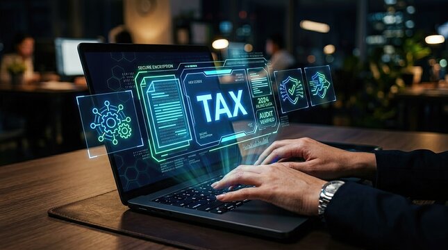 Contemporary tax preparation and filing interface showcasing detailed tax data visualizations and analytics displayed on a laptop screen during nighttime
