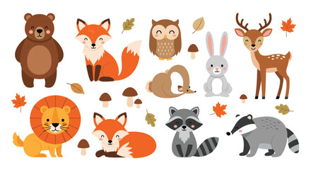 Fototapeta premium Set of adorable woodland animal illustrations including a bear, fox, owl, deer, and raccoon with autumn leaves and mushrooms.