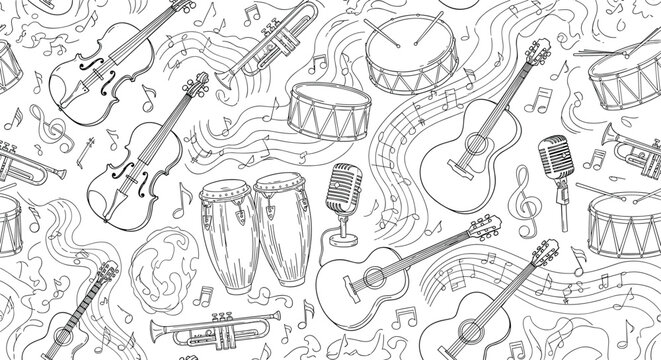 Elaborate seamless pattern background featuring hand drawn musical instruments, notes, and staves in black and white sketch style.