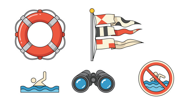 Nautical and beach safety icons including a lifebuoy, signal flags, binoculars, a swimmer, and a no swimming warning sign.