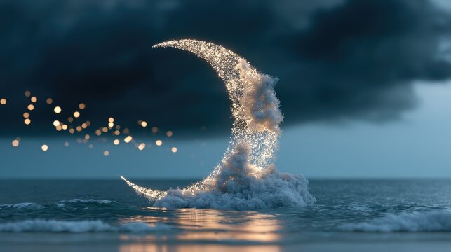 A luminous crescent moon erupts from the sea amid swirling clouds and sparkles