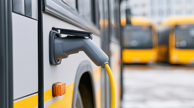 Electric bus charging station connector plugged in, yellow buses parked