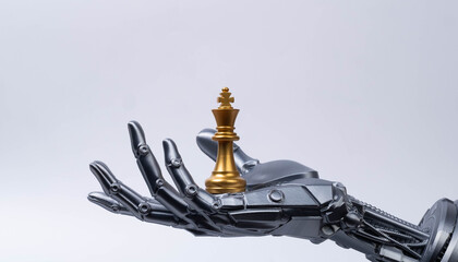 Futuristic robotic hand holding chess king piece on minimal background, symbolizing artificial intelligence leadership, strategic decision making, competitive advantage in modern business technology. © Bordinthorn