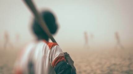 Naklejka premium Person with bat in a hazy, dusty, outdoor sports setting