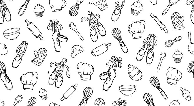 Assorted kitchen utensils and baking tools illustration.