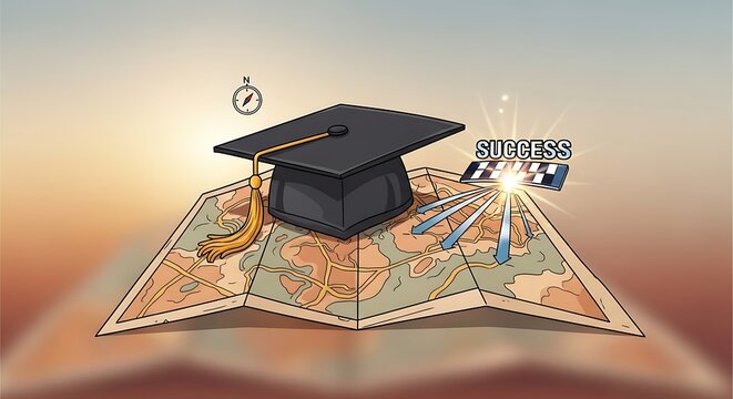 Educational Concept Image of Graduation Cap and Map with Academic Words.