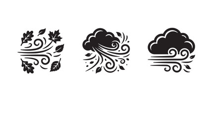 Fototapeta premium Weather Icons Set with Wind Blowing Leaves and Clouds Vector Graphic