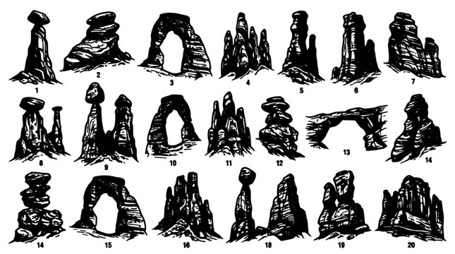 Sandstone Formations Set of Eroded Rock Towers and Arches, Hand-Drawn Style Geologic Study Illustration with Numbered Examples