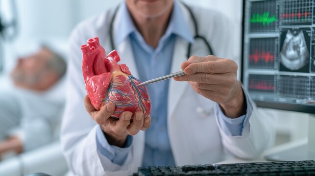 Doctor uses anatomical heart model to explain condition to patient in hospital