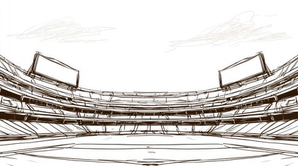 Sketch of an empty stadium with tiered seating and large screens
