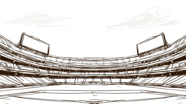 Sketch of an empty stadium with tiered seating and large screens