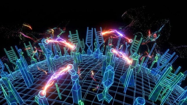 細胞膜のサイトカイン受容体がリガンドと結合しシグナル伝達とエネルギー移動を起こす抽象的な科学CG映像