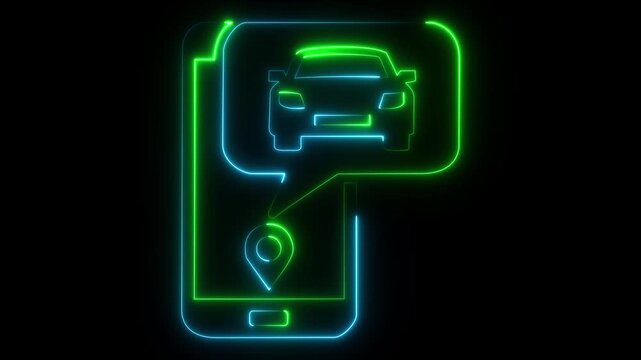 glowing neon Smartphone icon with a car in a speech bubble and location pin on black background. Perfect for ride-sharing apps, online taxi booking services, navigation and vehicle tracking systems
