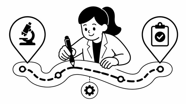 Female scientist analyzing DNA strand with microscope and clipboard.