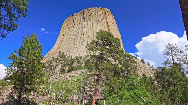 Close up view of Devils Tower National Monument rising above the surrounding forest in Wyoming