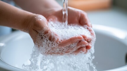 Fototapeta premium Hands cupped under running water, creating soap suds in a sink