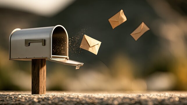 Mailbox opens with letters flying out against a blurred outdoor background