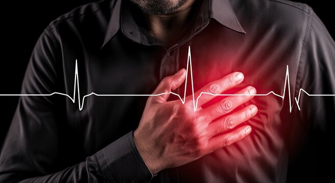 Man clutches chest with glowing heart and EKG line
