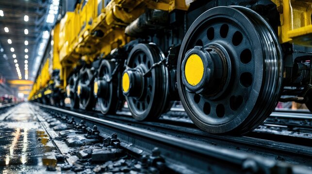 A line of large, heavy train wheels on dark tracks in a factory