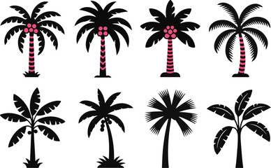 Fototapeta premium Tropical palm trees silhouettes set featuring diverse exotic plant species with coconuts and striped trunks for island beach themes.