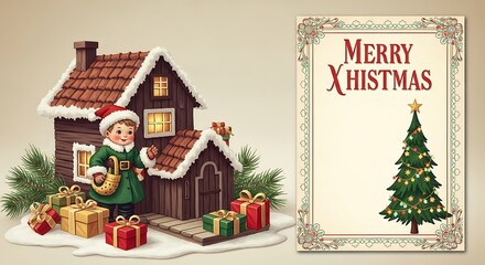 Fototapeta premium Festive Christmas Scene with Child and Decorated Fireplace.