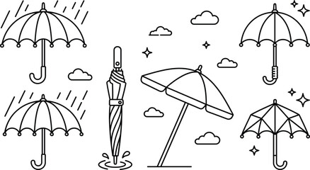 Umbrella icons set with rain protection parasol closed and beach sun shade models vector line illustration © Sabbir Studio