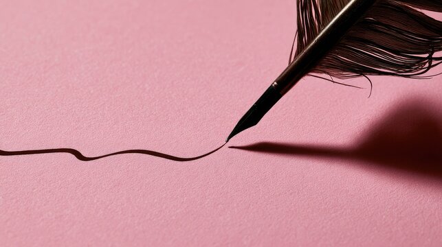 A dark feather quill pen elegantly writes a flowing line on a soft pink surface