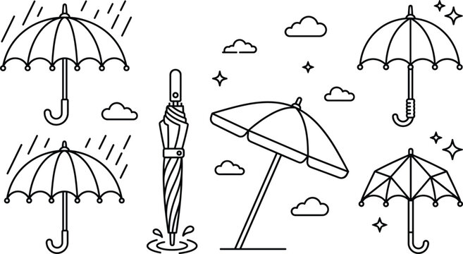 Umbrella icons set with rain protection parasol closed and beach sun shade models vector line illustration