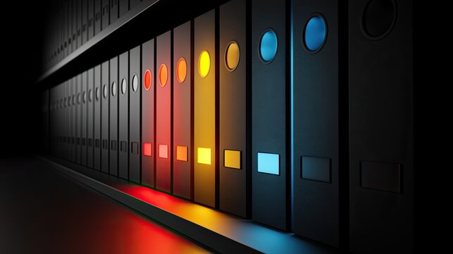 Row of dark binders on shelf, lit with vibrant colored circles