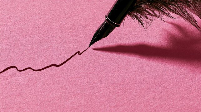 Feather pen on pink paper, creating a dark ink line
