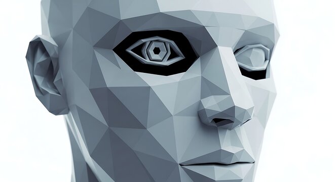 Futuristic Polygonal Human Face with Technological Eye Design.