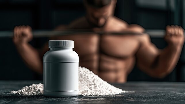 White supplement bottle and powder in foreground, muscular man lifting weights