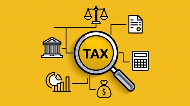Magnifying glass reveals tax, scale, document, calculator, bank, chart, money