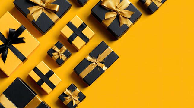 Arranged black and gold gift boxes with ribbons on a vibrant yellow background