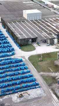 Industrial Data center in Santa Catarina, Brazil. Aerial view in vertical video. Production of porcelain tiles and large format porcelain slabs.