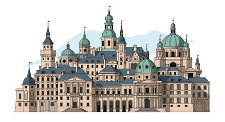 Obraz premium Detailed architectural illustration of a classic European old town skyline featuring numerous churches, cathedrals, and historical stone buildings.