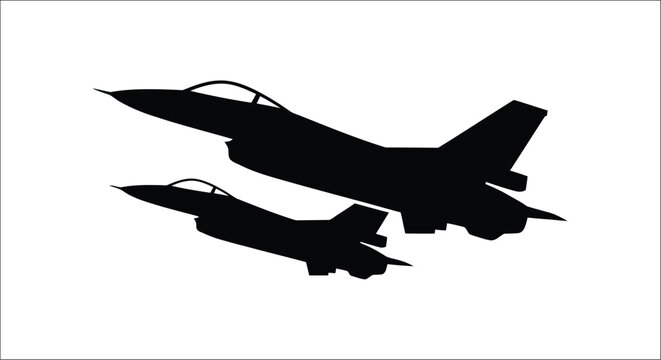 Two fighter jet silhouettes against a white background a stark graphic representation of aerial vehicles vehicle aircraft aviation plane military warplane air force silhouette black