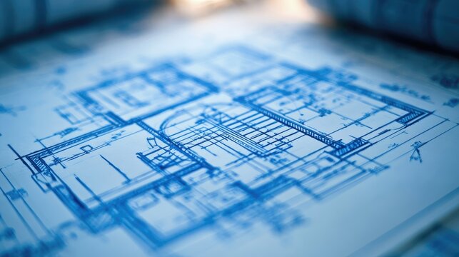 Detailed blueprint of a house floor plan with a central staircase, showing walls, rooms, and dimensions