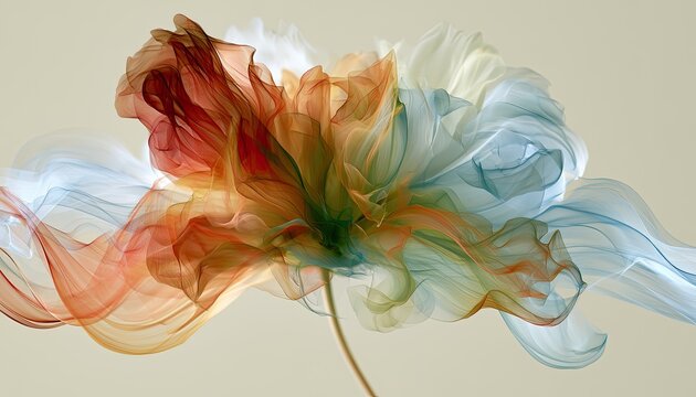 Ethereal abstract flower with flowing, translucent petals in warm and cool tones