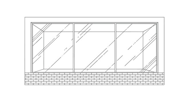 Simple and clean line drawing of a large modern storefront window or a glass building facade with brickwork details at the base.