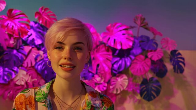 Young english woman with short blond hair standing among tropical leaves illuminated by pink and purple neon light in studio Concept of exotic imagination