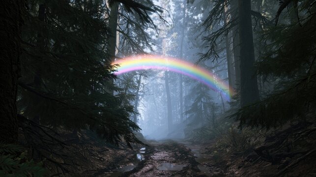 Muddy forest path with a spectral rainbow arching through misty trees