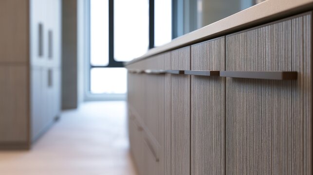 Close-up of modern kitchen cabinets with sleek handles and light wood grain