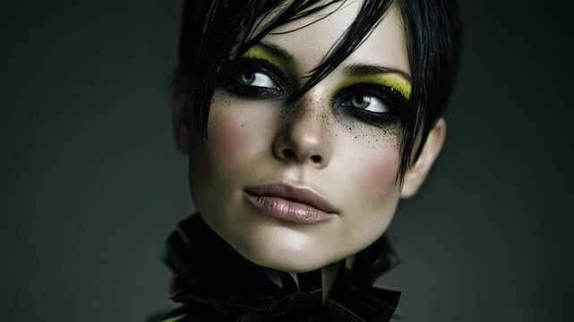 Young english woman with short black hair and smoky eye makeup wearing dark clothing posing in studio with dramatic lighting Concept of elegant mystery