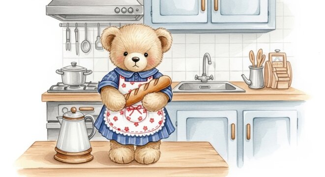 Cute Teddy Bear Baker: A charming teddy bear dressed in a blue apron holds a loaf of bread in a quaint kitchen setting, ready to bake.