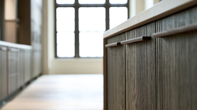 Close-up of a kitchen island with textured wood cabinets, blurred background window