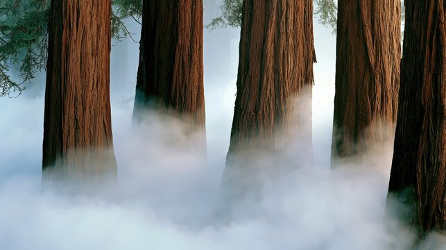 Towering ancient trees emerge from swirling mist, creating a mystical forest scene