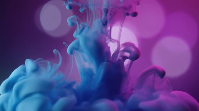 Mesmerizing ink diffusion flowing through clear water with soft bokeh highlights and fluid organic movement. Abstract artistic background featuring colorful liquid dynamics, underwater motion, and cin