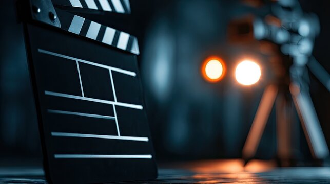 Cinematic clapboard and blurred camera create moody, dramatic scene